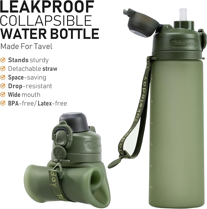 Collapsible Water Bottles 20oz, Leak Proof, BPA-Free, Foldable Silicone Travel Water Bottle with Straw Strap for Cycling, Hiking, Outdoors