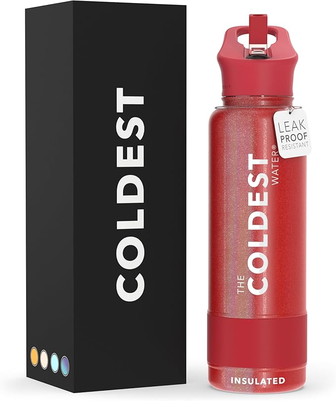 Coldest Sports Water Bottle with Straw Lid Vacuum Insulated Stainless Steel Metal Thermos Bottles Reusable Leak Proof Flask for Sports Gym (40 oz, Mars Red Glitter)