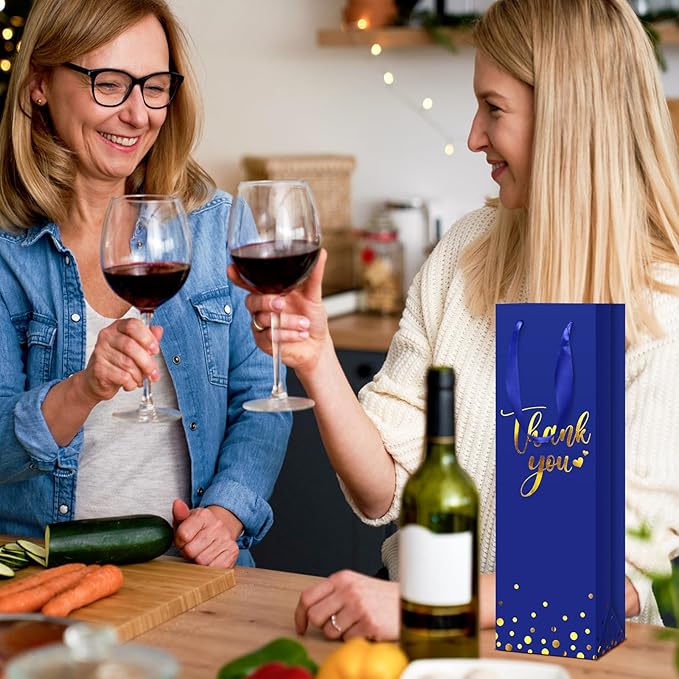 Ctosree 30 Pcs Wine Gift Bag for Wine Bottle Wedding Wine Thank You Gift Bag with Metallic Gold Foil Print Kraft Wine Paper Favor Bag with Attractive Rope Handle for Graduation Bottle(Royal Blue)
