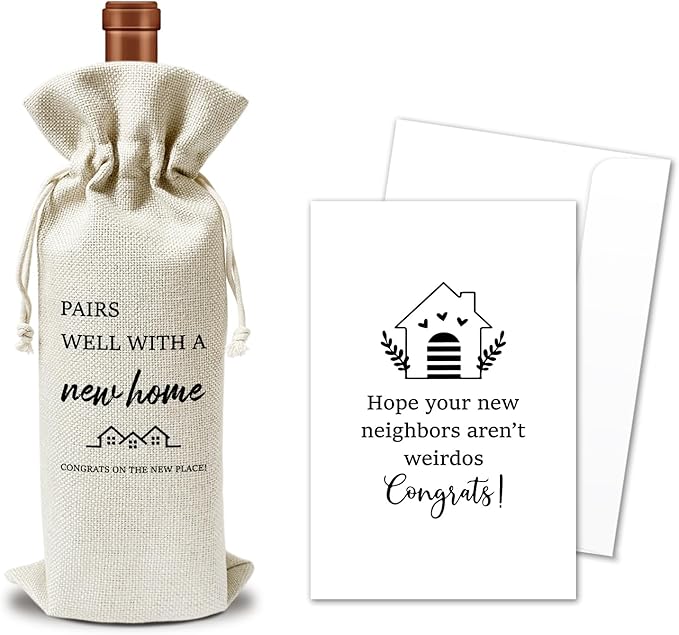 Housewarming Wine Gift Bags & Card, First New Home House Gifts for Women Men Wife Husband Friend Home Owner, 1 pcs Reusable Burlap Wine Gift Bags for Wine Bottles, Housewarming Party Decor Favor -32