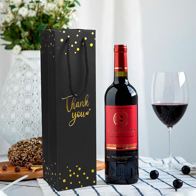 Ssyuysto Wine Gift Bag with Gold Foil Wine Bags with Rope Handles, (3.7 x 13.7 x 3.5 in) - Elegant Black Wine Bags for Wine Bottles and Gifts