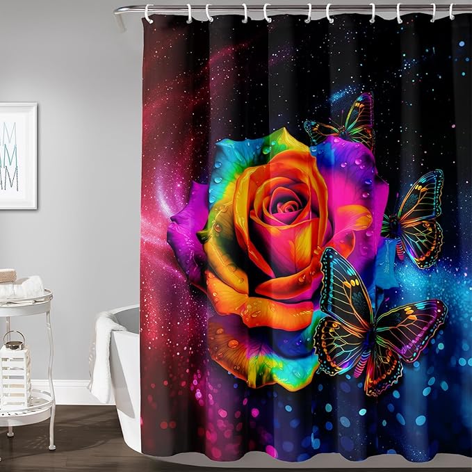 AILONEN Colorful Rose Shower Curtain for Bathroom Decor,Butterfly Galaxy Rose Flower Bath Curtain for Girls Women,Modern Romantic Curtain Waterproof with 12 Plastic Hooks, 48" W*72" H
