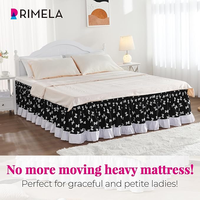 RIMELA Black Elastic Bed Skirt Queen Szie 16 inch Drop, Bedskirt Easy to Put On, Solid Wrap Around Dust Ruffle, Fade Resistant Silky Fabric Machine Washable