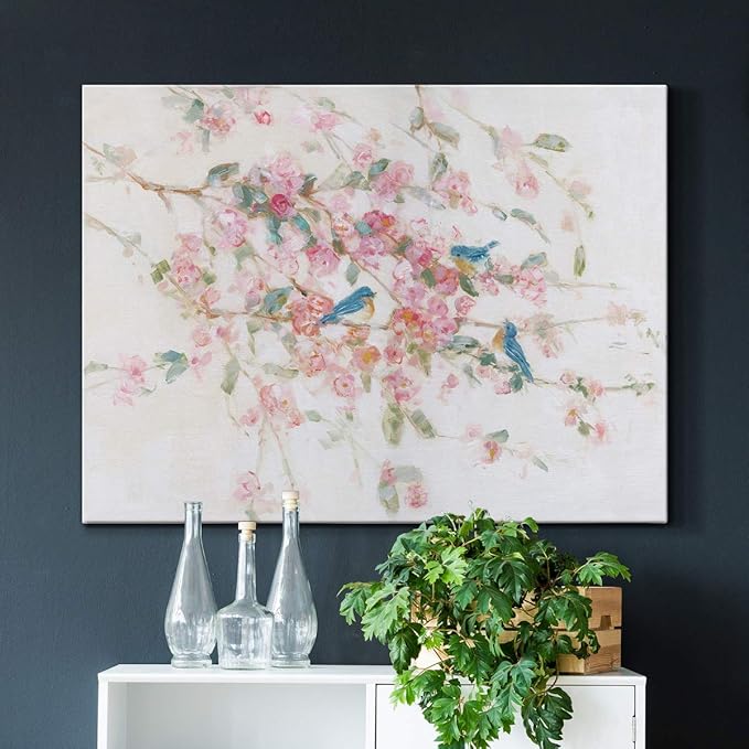 Renditions Gallery Canvas Nature Wall Art Modern Paintings & Prints Decor Romantic Blossomed Bluebirds Abstract Botanical Wall Hanging Artwork for Bedroom Office Kitchen - 24"x36" LT33