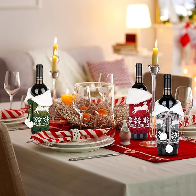 Whaline Christmas Wine Bottle Covers Knit Bottle Sweater with Faux Fur Collar Bow Pompom Red Green Gray Reindeer Snowflake Patterned Bottle Dress Christmas Winter Holiday Party Decor Supplies, 3Pcs