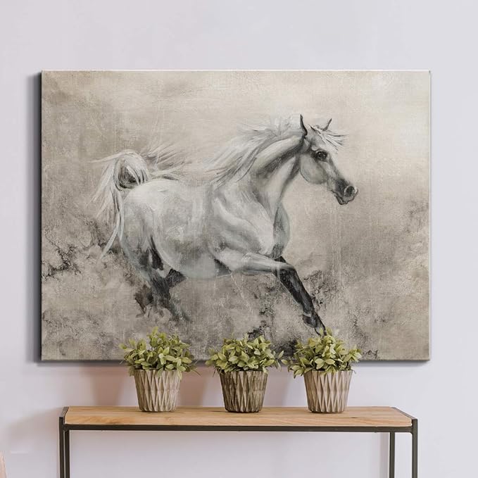 Renditions Gallery Canvas Animal Wall Art Modern Decorations Paintings Elegant Running Horse Abstract Black & White Figurative Artwork Prints for Bedroom Office Kitchen - 24"x36" LT33