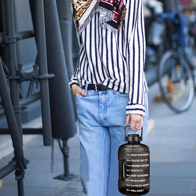 QuiFit Half Gallon Water Bottle - with Straw & Motivational Time Marker Leak-Proof BPA Free Reusable Gym Sports Outdoor Large(73OZ) Capacity Water Jug(Black,Half Gallon)