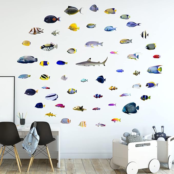 Undersea Fish Wall Decals for Kids Bedroom DIY Ocean Fish Wall Stickers for Bathroom Peel & Stick Removable Wall Decals for Kids Room Playroom Baby Nursery Furniture Decoration