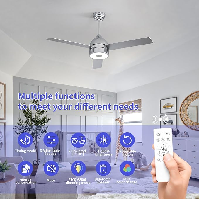 52 Inch Plated Finish Ceiling Fan with RGB Dimming LED Light,with Music Bluetooth Speaker,Remote Control,3-Speed Regulation,Reversible Motor,Timing,for Living Room,Bedroom,Restaurant,Outdoor