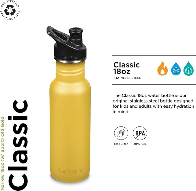 KLEAN KANTEEN Old Gold Sport Cap with Classic Water Bottle 18oz, 1 EA
