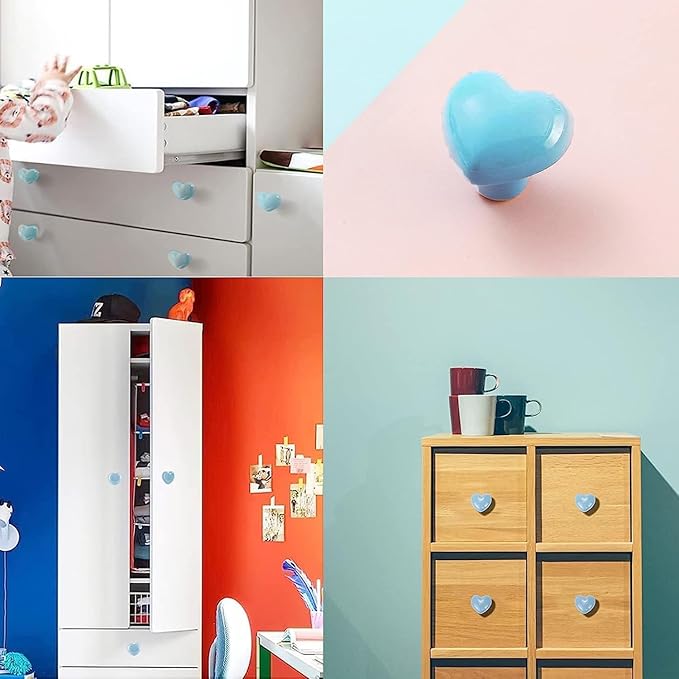 Cute Glossy Dresser Knobs Pink Ceramic Drawer Door Knobs Love Heart Shape Cabinet Cupboard Pull Handles Lovely Hardware Closet Knobs for Kids Girls Children's Bedroom (Blue-6pack)