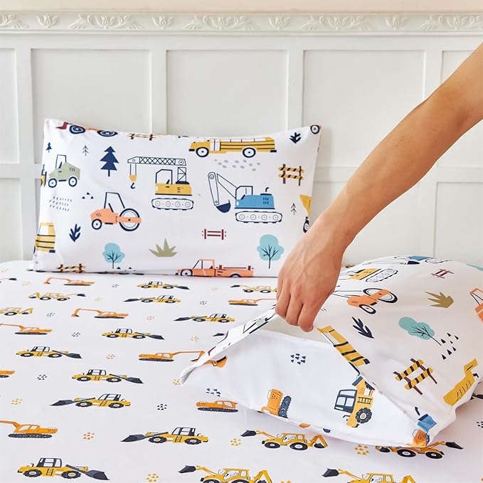 RYNGHIPY Twin Sheets Set Kids Boys: Construction Excavator Bed Sheet Set for Toddler Children - Deep Pocket Wrinkle Free Bedding Set (White Yellow,Twin)