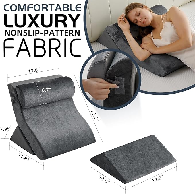 Qirroboni 4PCS Orthopedic Bed Wedge Pillow Set, Adjustable Pillows for Neck, Back and Leg Pain Relief Comfortable & Post Surgery Foam - Heartburn, Anti Snoring, Acid Reflux & GERD Sleeping Grey