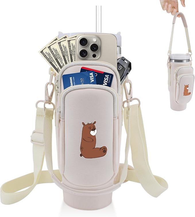 Water Bottle Carrier Bag with Phone Pocket for Stanley 40 oz Tumbler Neoprene Water Bottle Holder Pouch with Adjustable Strap Bollus with Straw Cover & Carabiner for Stanley Cup Accessories