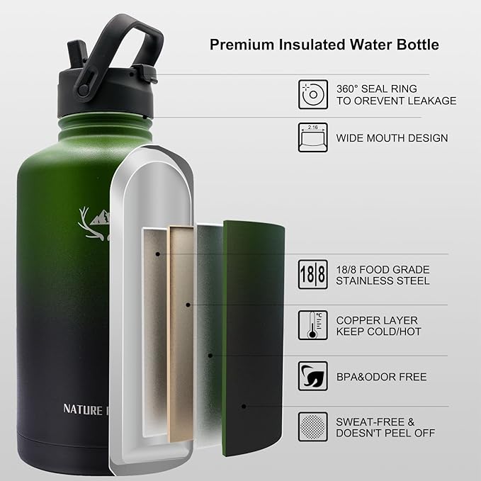NATURE PIONEOR Tactical Water Bottle with Carrying Molle Sleeve, Stainless Steel 18/8 Food Grade Half Gallon Jug