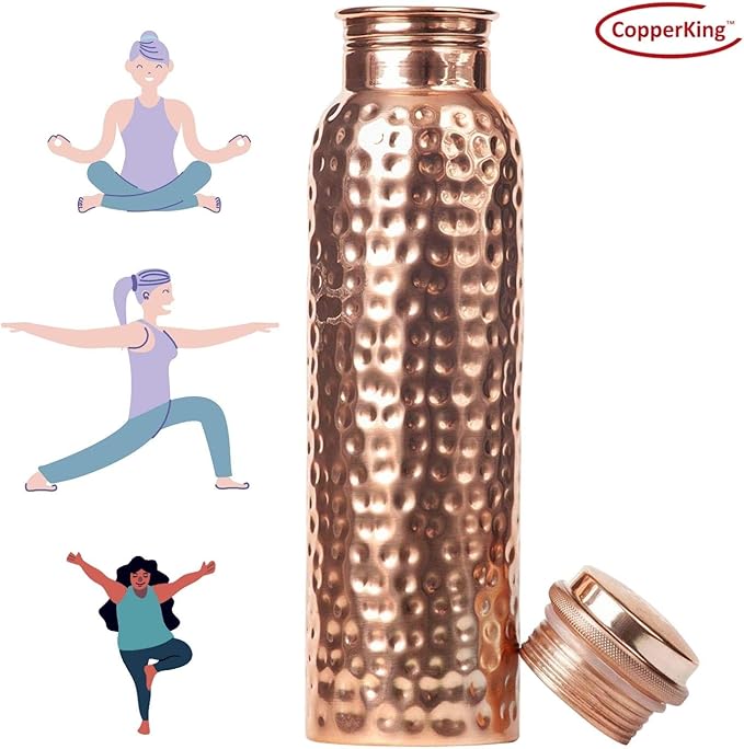 CopperKing Hammered Infused Ayurvedic Pure Copper Water Bottle for Drinking 34oz - 1 Liter | Best Use for Gym, Office, School - Collage, Yoga, Sports Mens and Women
