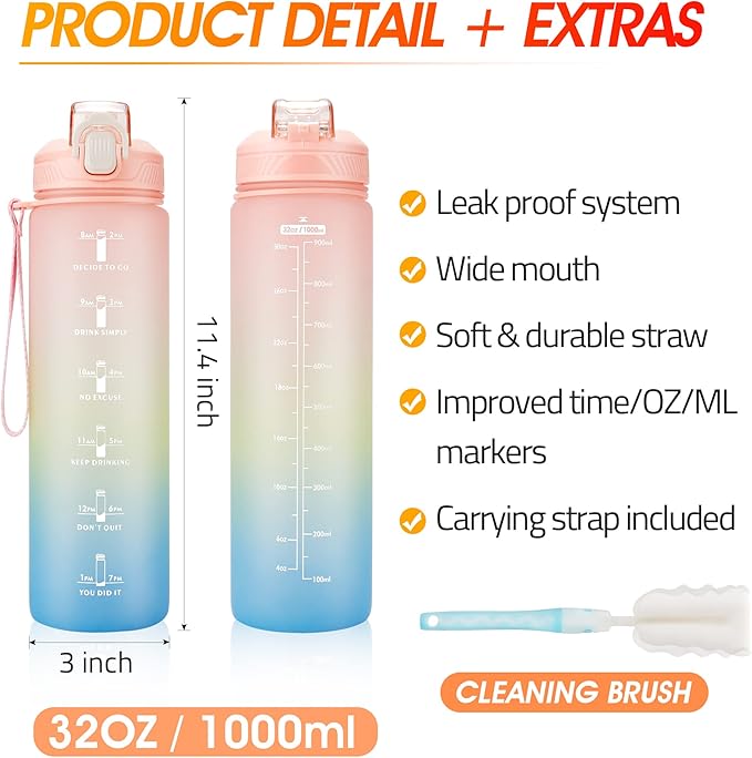 Motivational Water Bottle with Time Marker- 32oz Water Bottles with Times to Drink, Leakproof & BPA Free Sports Water Bottle with Straw & Carry Strap for Fitness, Gym, and Outdoor Sports
