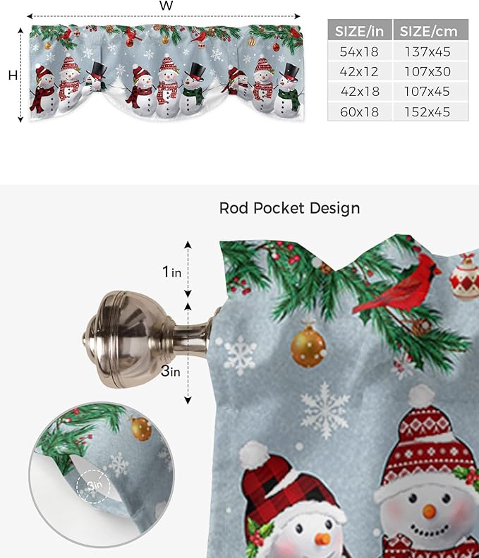 Christmas Blackout Tie Up Valance Curtains for Kitchen Windows Snowman Cardinal Window Toppers Balloon Shades for Living Room/Bathroom/Bedroom,1 Panel,60" X 18" Bluish Grey Winter Holiday