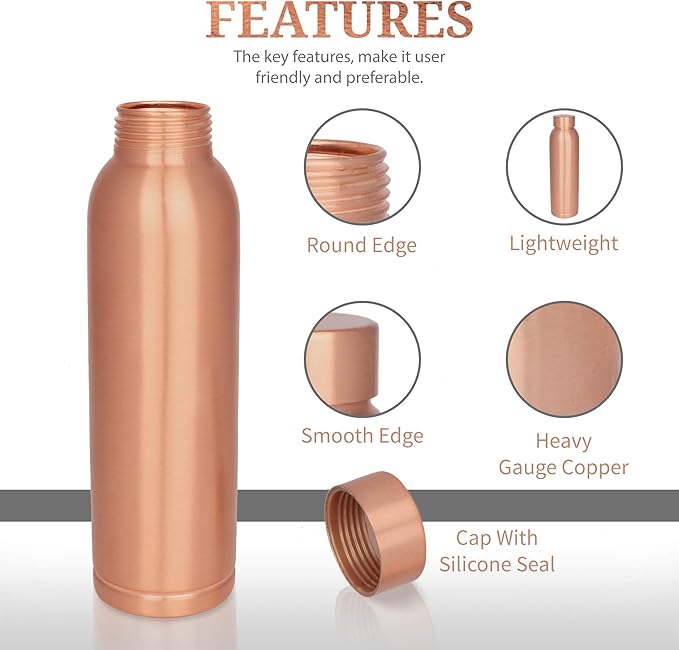 RAJRANG BRINGING RAJASTHAN TO YOU Copper Bottle With Leak Proof Rubber Cap 950 ml Modern Seam Less Water Bottles for Yoga Gym Sports Men Women