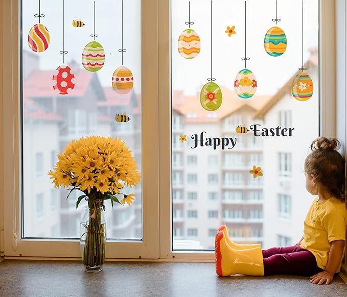 Happy Easter Wall Decals Eggs Wall Stickers Peel and Stick Easter Wall Decorations Window Clings for Nursery Classroom Kids Room Baby Bedroom Home Kitchen Easter Party Decoration (Eggs)