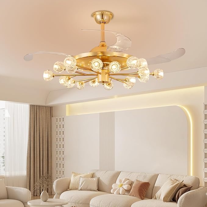 Sputnik Crystal Ceiling Fan Chandelier: 42" Gold Fandelier Ceiling Fans with 15 Lights and Remote Modern - Retractable Fandelier Ceiling Light for Living Dining Room Kitchen Bedroom