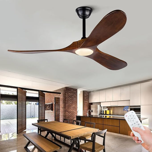 BOJUE 52 Inch Indoor Outdoor 3 Wooden Blades Remote Control with Light Modern Ceiling Fan for Terrace Living Room Bedroom (Deep Walnut Blades)