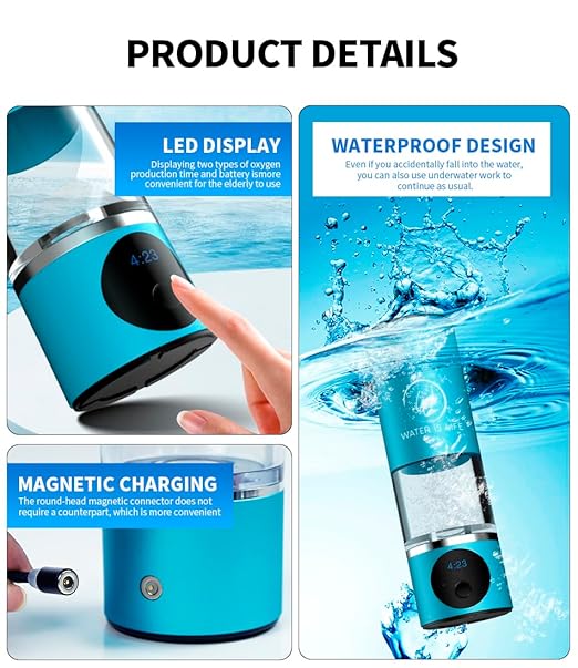 Premium Waterproof Hydrogen Water Ionizer Bottle with LED Light, Magnetic Charging Port, 6000 ppb Hydrogen Content, SPE Electrolysis Technology, Bottom Vent to Discharge Gases. (Grey)