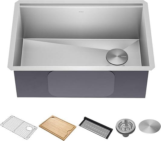 KRAUS KWU110-27 Kore Workstation 27-inch Undermount 16 Gauge Single Bowl Stainless Steel Kitchen Sink with Integrated Ledge and Accessories (Pack of 5)