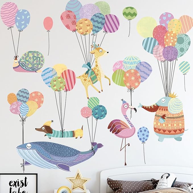 Cartoon Animals Wall Stickers Color Balloon Whale Elephant Wall Decals Peel and Stick Wall Art Decals for Kids Bedroom Baby Nursery Door Decor