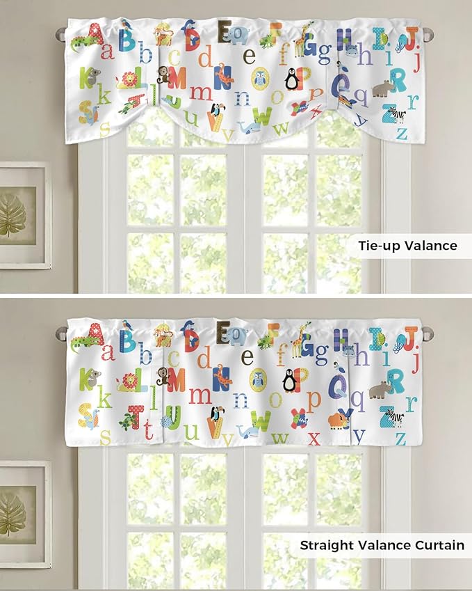 Cute Animals Alphabet for Kids Blackout Tie Up Valance Curtains for Kitchen Windows Colorful Printed Window Toppers Balloon Shades for Living Room/Bathroom/Bedroom,1 Panel,54" X 18"