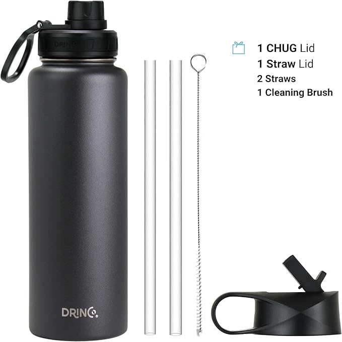 DRINCO Stainless Steel Water Bottle Spout Lid Vacuum Insulated Double Wall Water Bottles Wide Mouth (40oz 32oz 22oz 18oz 14oz) Leak Proof Keeps Cold or Hot (40 oz, 40oz Black)