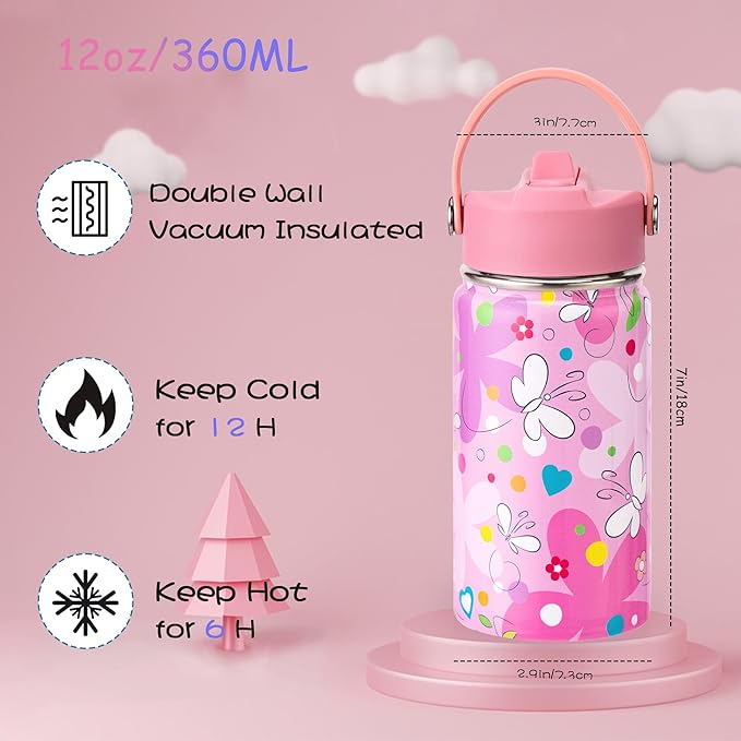 Kids Insulated Water Bottle, 2 Pack 12oz Butterflies Water Bottles Bulk with Flip Straw & Big Handle, Gifts for Kids Girls to School Travel Sports, Hands Wash Only, Purple & Pink