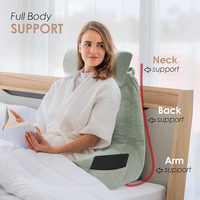 Nestl Reading Pillow Large Bed Pillow, Back Pillow for Sitting in Bed Shredded Memory Foam Chair Pillow, Reading & Bed Rest Pillows Sage Green Back Pillow for Bed, Bed Chair Arm Pillow with Pockets