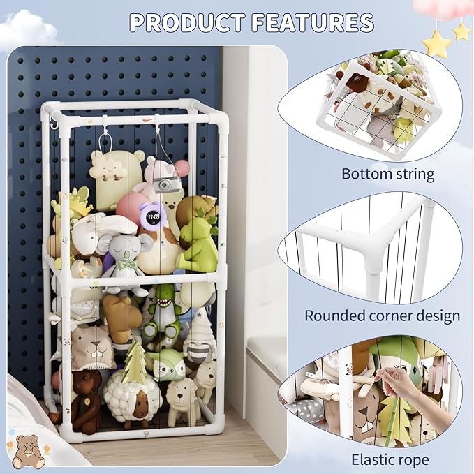 Extra Large Plush Stuffed Animal Storage Zoo Holder Standing, Kids Toy Storage Organizer Shelves Basket with Nets for Stuffed Animals, Play Room Decor Corner Toy Box Storage. (Thicker Tube)