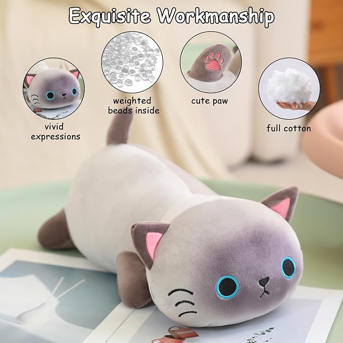 SQEQE Weighted Siamese Cat Plush, Weighted Siamese Cat Stuffed Animal for Anxiety, Cute Siamese Cat Plushies Soft Siamese Cat Pillow Toy Gift for Kids Adults 9.8 Inch, 0.8 lbs