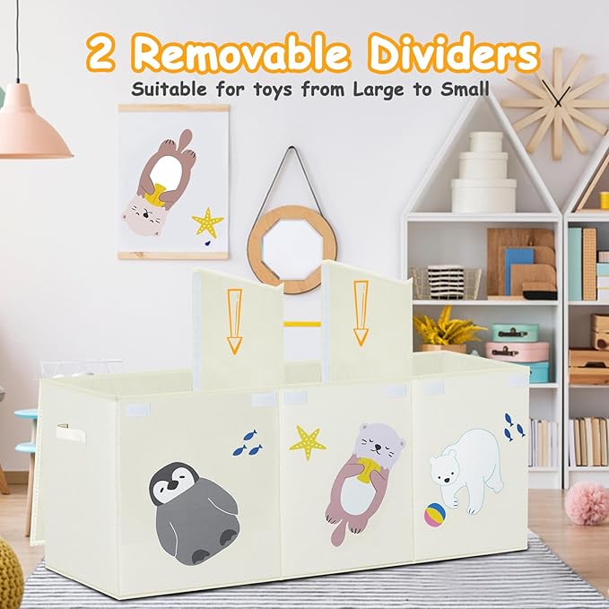 Large Toy Box Storage Chest,Sturdy Toys Storage Organizer Bin Basket with Dividers and Lids for Toddlers,Boys,Girls,Nursery,Closet,Living Room Area,Playroom(Beige Animals)