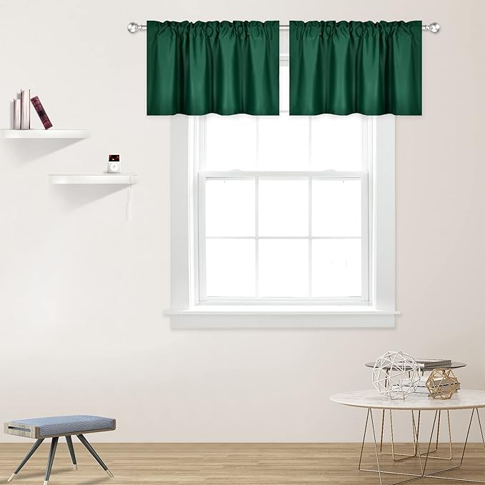 Deep Green Valance for Windows 42x18 Inch Solid Thermal Insulated Blackout Rod Pocket Kitchen Short Curtain Toppers Valance for Bathroom Living Room 2 Panels