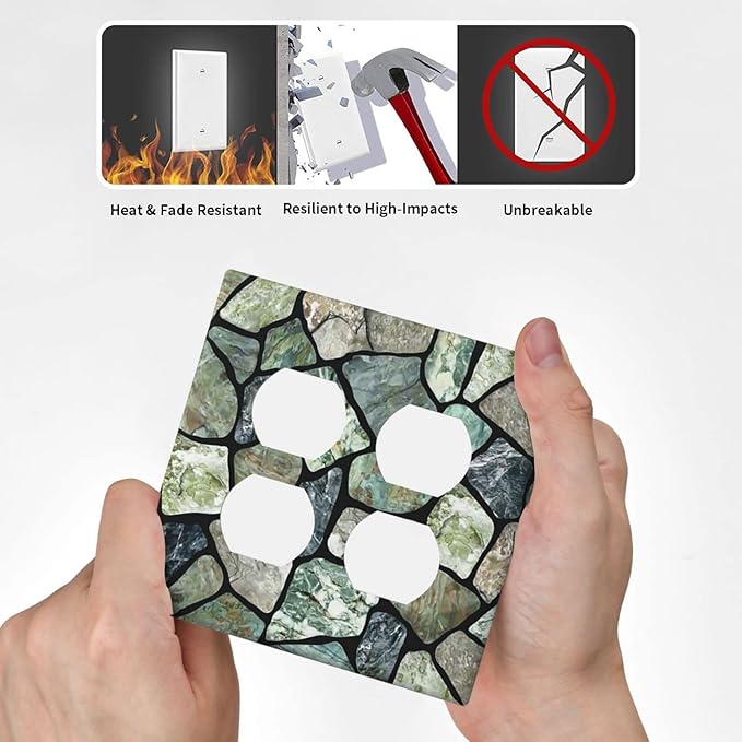 Green Stone Texture Double Outlet Switch Wall Plate Cover Decorative 2-Gang for Electrical Room Bathroom Bedroom Home Kitchen Two Receptacle Polycarbonate Power Gear 4.5" x 2.76"