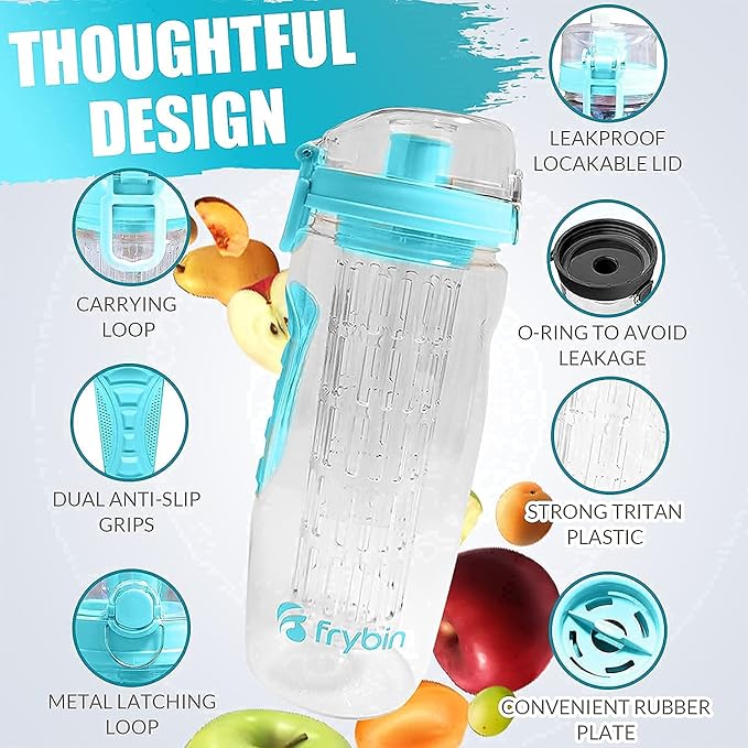Fruit Infuser Water Bottle | Removable Infusion Basket for Flavor | Bonus Brush and Sleeve for Freshness | Made of Durable TRITAN Plastic | BPA Free Water Infuser Bottle, 32 Ounce (Aqua Blue)