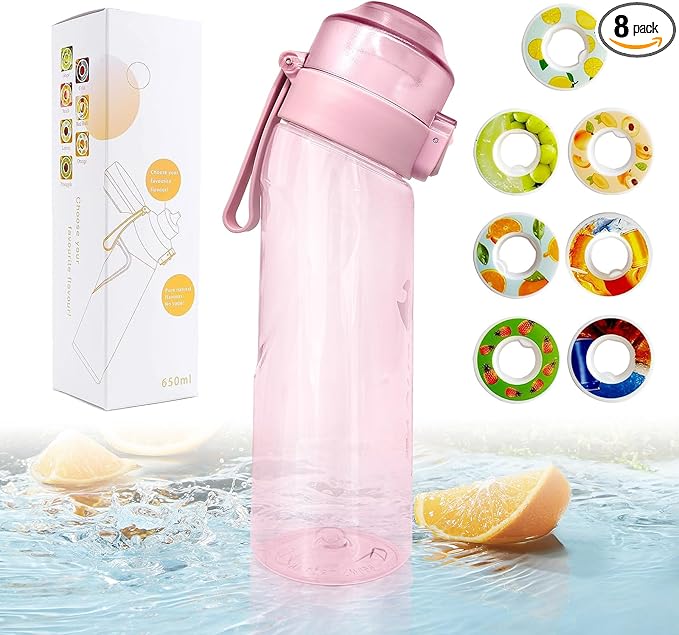Water Bottle with 7Pcs Air Flavor Pods, Air Bottle Pods Water Bottle, Flavor Caps with Water Bottle, Fruit Scent Pods for Outdoor Sport(Pink-7 Pods)