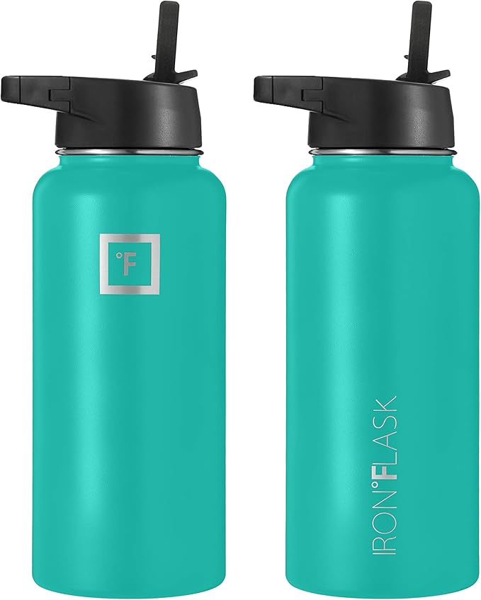 IRON °FLASK Sports Water Bottle - Wide Mouth with 3 Straw Lids - Stainless Steel Gym & Outdoor Bottles for Men, Women & Kids - Double Walled, Insulated Thermos, Metal Canteen - Aquamarine, 32 Oz