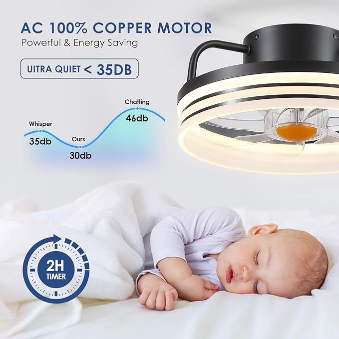 Ceiling Fans with Lights - 13" Bladeless Flush Mount Ceiling Fans with Remote and Led Light, 3CCT 6 Speeds 2 Timer, Black Low Profile Ceiling Fan Light for Modern Indoor Bedroom