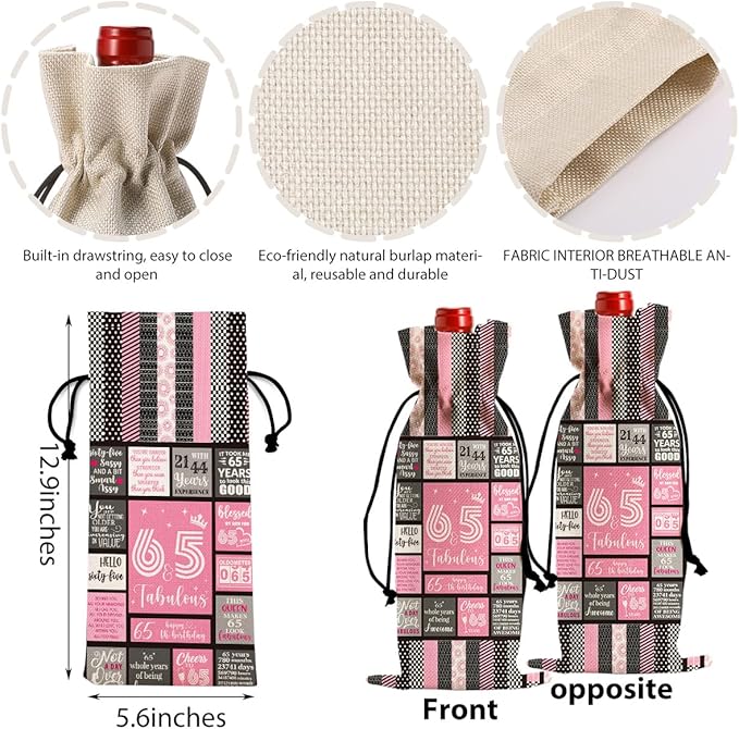 Funny 65th Birthday Gifts for Women Men Wine Bag, Happy Anniversary 65th Birthday Party Decorations for Women Men Wine Bags, 65 Year Old Birthday Gifts for Women Wine Bottle Bag