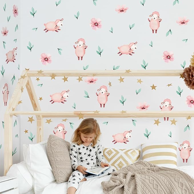 5 Sheets Cartoon Animal Wall Decal Removable DIY Pink Sheep Wall Decal Peel and Stick Flowers and Leaves Wall Stickers Wall Art for Baby Nursery Bedroom Living Room Playroom Decor