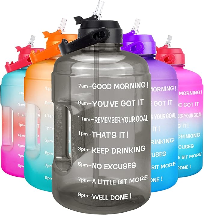 QuiFit 1 Gallon Water Bottle - with Straw & Motivational Time Marker Leak-Proof BPA Free Reusable Gym Sports Outdoor Large(128OZ) Capacity Water Jug(Grey,1 Gallon)