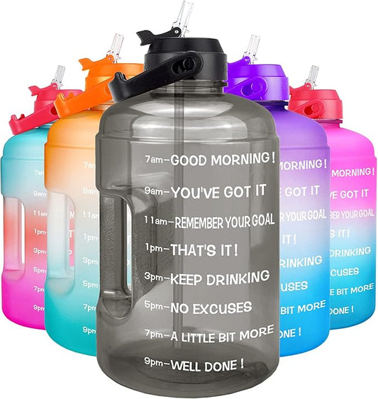 QuiFit 1 Gallon Water Bottle - with Straw & Motivational Time Marker Leak-Proof BPA Free Reusable Gym Sports Outdoor Large(128OZ) Capacity Water Jug(Grey,1 Gallon)
