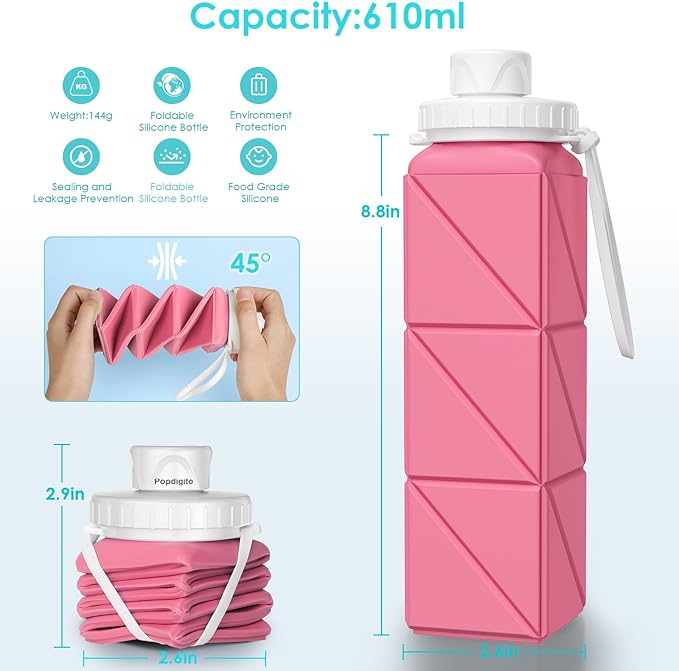 Collapsible Water Bottles,BPA-Free Leak-Proof Silicone Foldable Water Bottle Cup 20.6oz,Durable Lightweight Bottle for Gym Travel Camping Hiking Running (Pink)