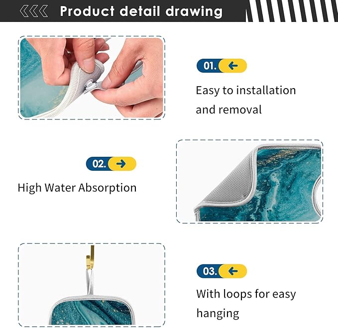 Blue Marble Golden Glittery Faucet Water Catcher Mat 2 Pack Tie Dye Drying Mat Absorbent Bathroom Faucet Handle Drip Catcher Tray Bar RV Kitchen Sink Splash Guard 30x5 Inches