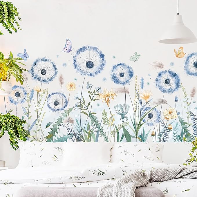 Large Blue Dandelion Wall Stickers Attractive Flying Flower Butterfly Wall Decals Bedroom Office Bathroom Living Room Floral Wall Decals Removable Wall Art Decoration Peel and Stick Room Wall Decor
