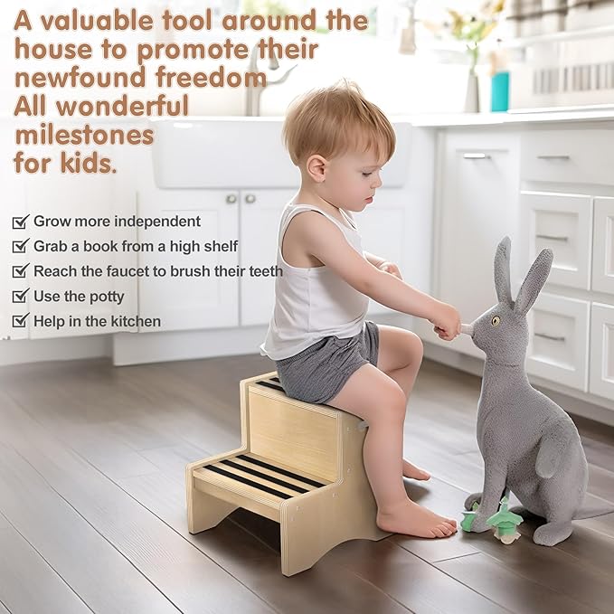 Natural Wooden Step Stool for Kids Toddler Non-Slip Sturdy Two Step Stools with Handles Non-Slip Pads for Child Kids Toddler Kitchen Counter Helper Bathroom Toilet Bed Potty Sink